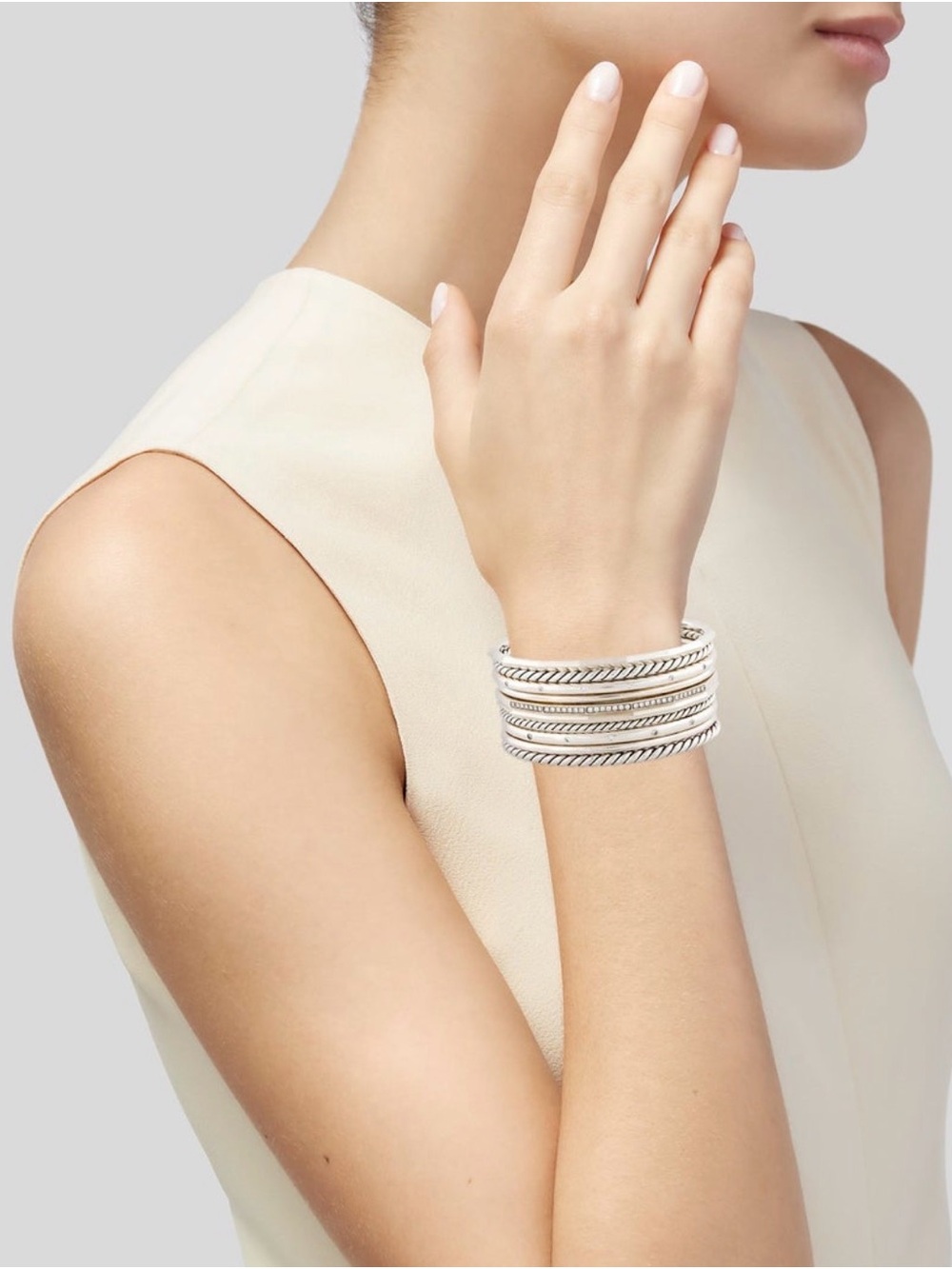 David Yurman Sterling Silver Multi-Row Cable & Banded Cuff Bracelet Authentic - Picture 7 of 11